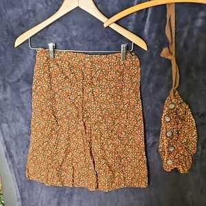 Vintage Floral Brown Skirt with Buttoned Pouch